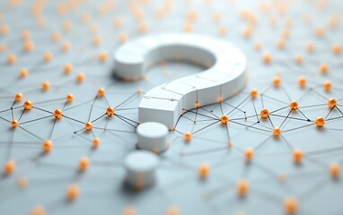 Poster - 3D rendering of a question mark shaped network, interconnected nodes and lines, symbolizing communication and information flow