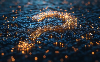 Poster - 3D rendering of a question mark network design, interconnected with digital nodes and lines, symbolizing curiosity and knowledge sharing