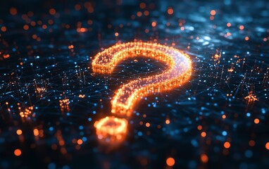Poster - 3D rendering of a question mark network design, interconnected with digital nodes and lines, symbolizing curiosity and knowledge sharing