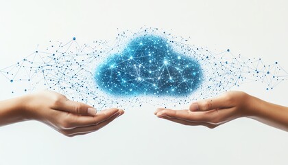 Poster - 3D rendering of hands presenting a cloud technology graphic with connected network icons on a white background, symbolizing internet services and cloud computing solutions