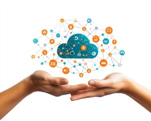Poster - 3D rendering of hands presenting a cloud technology graphic with connected network icons on a white background, symbolizing internet services and cloud computing solutions