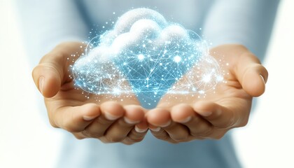Poster - 3D rendering of hands presenting a cloud technology graphic with connected network icons on a white background, symbolizing internet services and cloud computing solutions