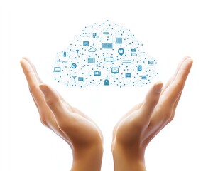 Poster - 3D rendering of hands presenting a cloud technology graphic with connected network icons on a white background, symbolizing internet services and cloud computing solutions
