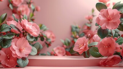 Poster - 3D Display Stand Pastel Pink Background with Camellia Flowers and Vintage Frame. Camellia Flowers and Natural Leaves. Simple Display Stand for Beauty.
