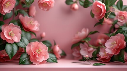 Poster - 3D Display Stand Pastel Pink Background with Camellia Flowers and Vintage Frame. Camellia Flowers and Natural Leaves. Simple Display Stand for Beauty.