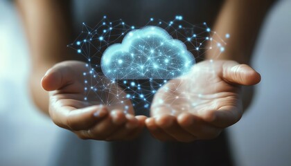 Poster - 3D rendering of hands presenting a cloud technology graphic with connected network icons on a white background, symbolizing internet services and cloud computing solutions