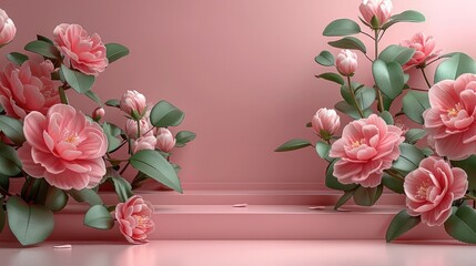Poster - 3D Display Stand Pastel Pink Background with Camellia Flowers and Vintage Frame. Camellia Flowers and Natural Leaves. Simple Display Stand for Beauty.