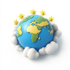 Poster - A cartoon of the earth with clouds and suns