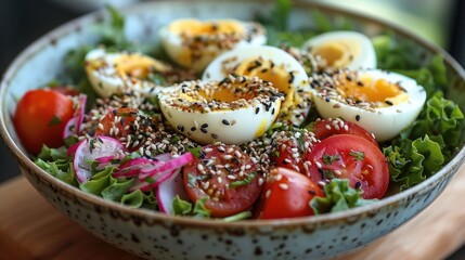 Poster - A bright and colorful salad bowl with hard-boiled egg slices on top, surrounded by fresh greens, tomatoes, and a sprinkle of seeds, promoting health and balance.