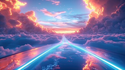 Aufkleber - A high-tech track with neon lines and futuristic technological elements, set against the backdrop of a clear blue sky with white clouds. The background is uncluttered.