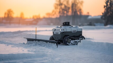 snow-clearing robot navigating winter sunrise. background Blur