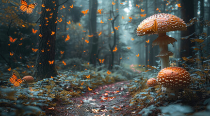 Wall Mural - A path with mushrooms and butterflies.