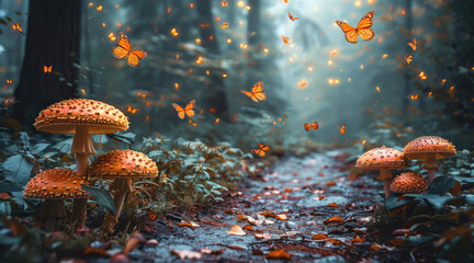 Poster - A path with mushrooms and butterflies.