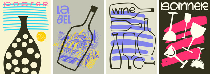 Canvas Print - a creative set of wine posters featuring abstract bottles, vineyard illustrations, and vibrant typog