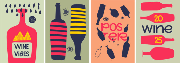 Canvas Print - a lively and creative set of wine posters with bold colors, playful typography, and abstract bottle 
