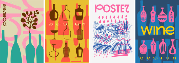 Poster - a vibrant and artistic set of wine posters featuring vineyard landscapes, abstract bottle designs, a