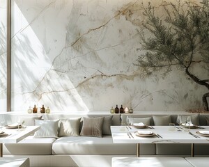 Aufkleber - Elegant restaurant interior with white marble tables, grey sofas, and a green olive tree mural on the wall. Minimalist style front look.