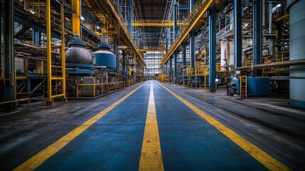 Canvas Print - Industrial Plant Interior with Yellow Stripped Path