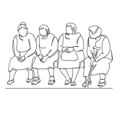 One continuous single drawing line art flat doodle four mature women sitting on a bench, talking, gossiping, spending time. Isolated image hand draw contour on a white background, hand drawn, not AI