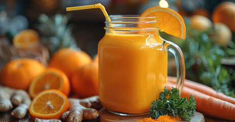 Canvas Print - A Glass jar with handle of juice with straw inside on a table, surrounded by Fruits like oranges, Carrots, mango, turmeric and ginger.