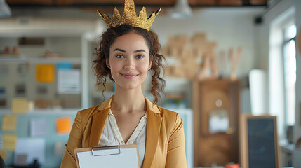 Poster - A regal businesswoman standing proudly in an office, wearing a golden queen's crown, holding a clipboard, surrounded by minimalistic decor.