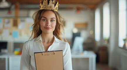Poster - A regal businesswoman standing proudly in an office, wearing a golden queen's crown, holding a clipboard, surrounded by minimalistic decor.