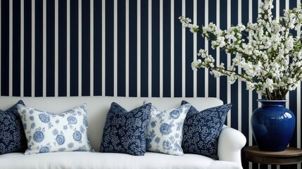 Poster - Chic living room features an indigo and white striped wallpaper, an elegant sofa with pillows, and a decorative jar, creating a stylish ambiance