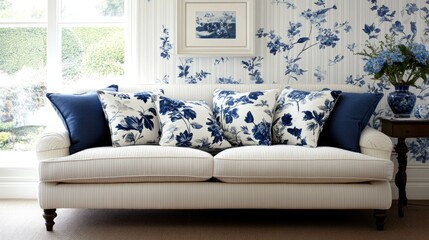 Poster - Chic living room features an indigo and white striped wallpaper, an elegant sofa with pillows, and a decorative jar, creating a stylish ambiance