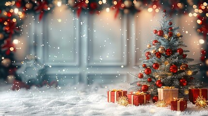 Poster - decorations Christmas background, tree and gift boxes. with string lights red baubles and pine branches.