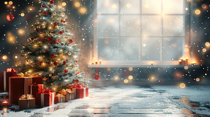 Poster - decorations Christmas background, tree and gift boxes. with string lights red baubles and pine branches.
