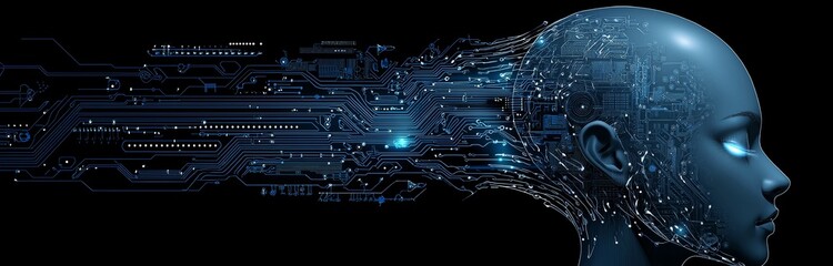 Poster - AI concept illustration: a silhouette of a human head with a blue circuit board on a clear, transparent background.