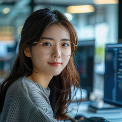 Leinwandbilder - beautiful Japanese woman wearing glasses works on the dual computer in the modern office on a sunny day, slightly smiling.