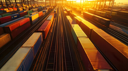 Wall Mural - golden sunlight reflects off colorful shipping containers, neatly arranged along railway tracks, sym