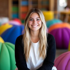 Wall Mural - Young woman smiling in a colorful, playful environment