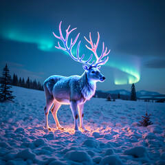 a majestic deer illuminated by vibrant northern lights in a snowy landscape under a starry sky, digi