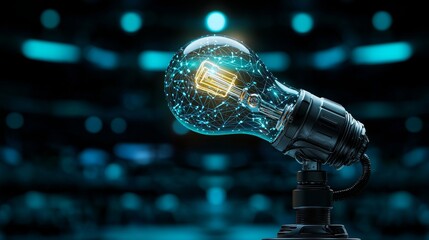 Poster - A robot hand clutching a radiant light bulb, signifying innovation and technology, is set against a blue background with a network motif.