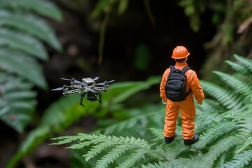 miniature intricating green eco-friendly theme. A small figure in an orange suit stands on a fern, observing a drone flying nearby in a lush, green environment.