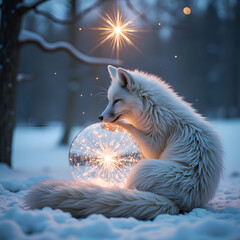 Wall Mural - A majestic arctic fox embracing a shimmering snow globe under a starry winter sky, digital art of fantasy concept.