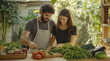 © Ranju - A young couple is cooking together in their kitchen, surrounded by fresh vegetables and ingredients for an organic meal