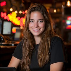 Wall Mural - Smiling woman at a vibrant bar with neon lights