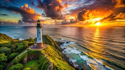 Wall Mural - Aerial View of a Majestic Lighthouse Overlooking a Lush Winding Coastline at Sunset with Long Exposure Effects