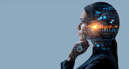 Aufkleber - A futuristic illustration of a woman’s profile integrated with holographic digital interfaces and glowing elements, symbolizing artificial intelligence, technology, and innovation in modern design