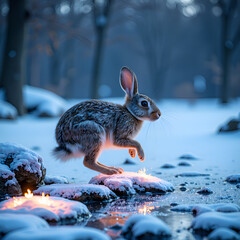 Wall Mural - A playful rabbit leaping over glowing stones in a serene winter wonderland at dusk, digital painting of fantasy scene concept.