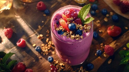 Poster - A vibrant fruit smoothie on a rustic wooden surface, adorned with fresh berries, mint, and a sprinkle of granola for a healthy lifestyle shot