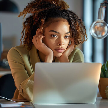 Black woman graphic designer staring frustratedly at her laptop with her head in her hands, corporate office background.