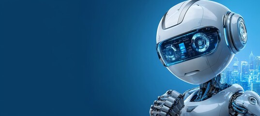 Poster - Within the smart city's digital world, a metaverse showcases a 3D AI stock robot engineer working on digital technology security, sustainable energy, and a futuristic interface, all set in a city