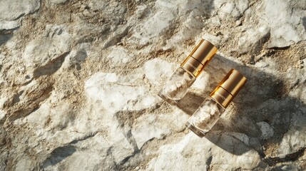 Poster - High-end cosmetic bottles with golden lids on a raw, rustic cobblestone surface, creating an elegant, minimalist aesthetic for a luxury beauty brand