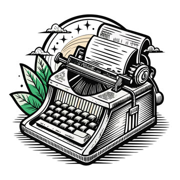 A vintage typewriter with a green leaf on the left side