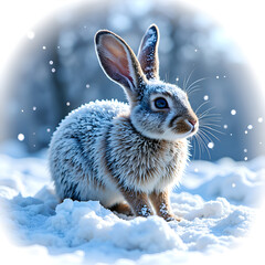 Wall Mural - A gentle snowfall  a rabbit with frosted fur in a winter wonderland, digital painting of nature scene concept.