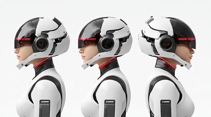 Poster - Three views of a female robot head showcase a sleek design with red details, black metal parts, and emphasis on modern cyberpunk aesthetics